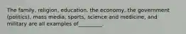 The family, religion, education, the economy, the government (politics), mass media, sports, science and medicine, and military are all examples of_________.