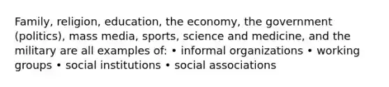 Family, religion, education, the economy, the government (politics), mass media, sports, science and medicine, and the military are all examples of: • informal organizations • working groups • social institutions • social associations