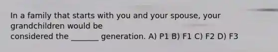 In a family that starts with you and your spouse, your grandchildren would be considered the _______ generation. A) P1 B) F1 C) F2 D) F3