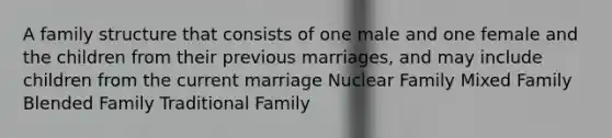 A family structure that consists of one male and one female and the children from their previous marriages, and may include children from the current marriage Nuclear Family Mixed Family Blended Family Traditional Family