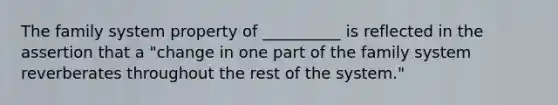 The family system property of __________ is reflected in the assertion that a "change in one part of the family system reverberates throughout the rest of the system."