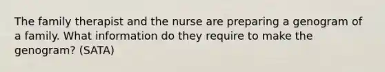 The family therapist and the nurse are preparing a genogram of a family. What information do they require to make the genogram? (SATA)