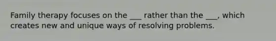 Family therapy focuses on the ___ rather than the ___, which creates new and unique ways of resolving problems.