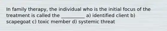 In family therapy, the individual who is the initial focus of the treatment is called the __________ a) identified client b) scapegoat c) toxic member d) systemic threat