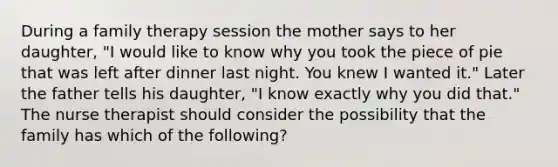 During a family therapy session the mother says to her daughter, "I would like to know why you took the piece of pie that was left after dinner last night. You knew I wanted it." Later the father tells his daughter, "I know exactly why you did that." The nurse therapist should consider the possibility that the family has which of the following?