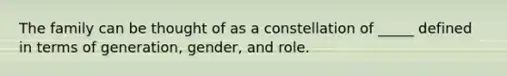 The family can be thought of as a constellation of _____ defined in terms of generation, gender, and role.