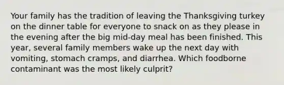 ​Your family has the tradition of leaving the Thanksgiving turkey on the dinner table for everyone to snack on as they please in the evening after the big mid-day meal has been finished. This year, several family members wake up the next day with vomiting, stomach cramps, and diarrhea. Which foodborne contaminant was the most likely culprit?