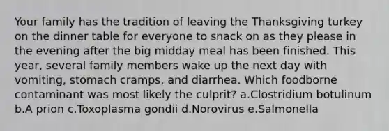 Your family has the tradition of leaving the Thanksgiving turkey on the dinner table for everyone to snack on as they please in the evening after the big midday meal has been finished. This year, several family members wake up the next day with vomiting, stomach cramps, and diarrhea. Which foodborne contaminant was most likely the culprit? a.Clostridium botulinum b.A prion c.Toxoplasma gondii d.Norovirus e.Salmonella