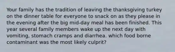 Your family has the tradition of leaving the thanksgiving turkey on the dinner table for everyone to snack on as they please in the evening after the big mid-day meal has been finished. This year several family members wake up the next day with vomiting, stomach cramps and diarrhea. which food borne contaminant was the most likely culprit?