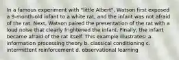 In a famous experiment with "little Albert", Watson first exposed a 9-month-old infant to a white rat, and the infant was not afraid of the rat. Next, Watson paired the presentation of the rat with a loud noise that clearly frightened the infant. Finally, the infant became afraid of the rat itself. This example illustrates: a. information processing theory b. classical conditioning c. intermittent reinforcement d. observational learning