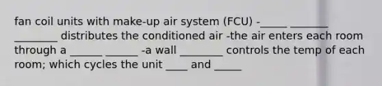 fan coil units with make-up air system (FCU) -_____ _______ ________ distributes the conditioned air -the air enters each room through a ______ ______ -a wall ________ controls the temp of each room; which cycles the unit ____ and _____