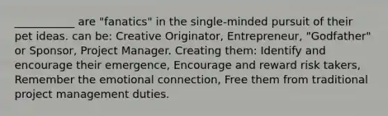 ___________ are "fanatics" in the single-minded pursuit of their pet ideas. can be: Creative Originator, Entrepreneur, "Godfather" or Sponsor, Project Manager. Creating them: Identify and encourage their emergence, Encourage and reward risk takers, Remember the emotional connection, Free them from traditional project management duties.