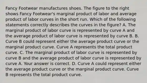 Fancy Footwear manufactures shoes. The figure to the right shows Fancy​ Footwear's marginal product of labor and average product of labor curves in the short run. Which of the following statements correctly describes the curves in the​ figure? A. The marginal product of labor curve is represented by curve A and the average product of labor curve is represented by curve B. B. Curve B could represent either the average product curve or the marginal product curve. Curve A represents the total product curve. C. The marginal product of labor curve is represented by curve B and the average product of labor curve is represented by curve A. Your answer is correct. D. Curve A could represent either the average product curve or the marginal product curve. Curve B represents the total product curve.