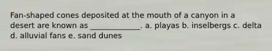 Fan-shaped cones deposited at <a href='https://www.questionai.com/knowledge/krBoWYDU6j-the-mouth' class='anchor-knowledge'>the mouth</a> of a canyon in a desert are known as _____________. a. playas b. inselbergs c. delta d. alluvial fans e. sand dunes