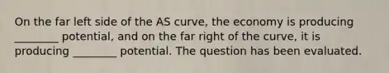 On the far left side of the AS curve, the economy is producing ________ potential, and on the far right of the curve, it is producing ________ potential. The question has been evaluated.