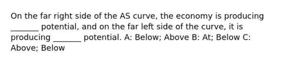 On the far right side of the AS curve, the economy is producing _______ potential, and on the far left side of the curve, it is producing _______ potential. A: Below; Above B: At; Below C: Above; Below