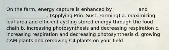 On the farm, energy capture is enhanced by __________ and _________________. (Applying Prin. Sust. Farming) a. maximizing leaf area and efficient cycling stored energy through the food chain b. increasing photosynthesis and decreasing respiration c. increasing respiration and decreasing photosynthesis d. growing CAM plants and removing C4 plants on your field