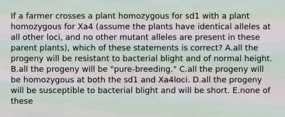 If a farmer crosses a plant homozygous for sd1 with a plant homozygous for Xa4 (assume the plants have identical alleles at all other loci, and no other mutant alleles are present in these parent plants), which of these statements is correct? A.all the progeny will be resistant to bacterial blight and of normal height. B.all the progeny will be "pure-breeding." C.all the progeny will be homozygous at both the sd1 and Xa4loci. D.all the progeny will be susceptible to bacterial blight and will be short. E.none of these