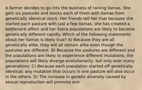 A farmer decides to go into the business of raising llamas. She gets six pastures and stocks each of them with llamas from genetically identical stock. Her friends tell her that because she started each pasture with just a few llamas, she has created a bottleneck effect and her llama populations are likely to become genetically different rapidly. Which of the following statements about her llamas is likely true? A) Because they are all genetically alike, they will all remain alike even though the pastures are different. B) Because the pastures are different and the populations are likely to experience different mutations, the populations will likely diverge evolutionarily, but only over many generations. C) Because each population started off genetically identical, any mutation that occurs in one pasture will also occur in the others. D) The increase in genetic diversity caused by sexual reproduction will promote evo