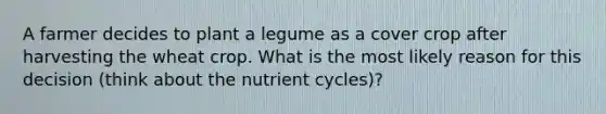 A farmer decides to plant a legume as a cover crop after harvesting the wheat crop. What is the most likely reason for this decision (think about the nutrient cycles)?