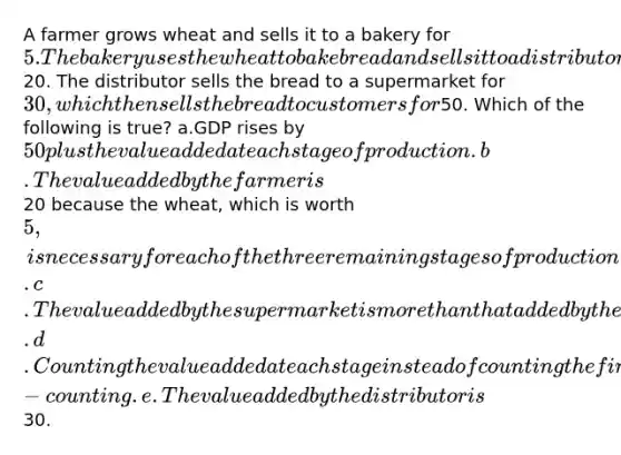 A farmer grows wheat and sells it to a bakery for 5. The bakery uses the wheat to bake bread and sells it to a distributor for20. The distributor sells the bread to a supermarket for 30, which then sells the bread to customers for50. Which of the following is true? a.GDP rises by 50 plus the value added at each stage of production. b.The value added by the farmer is20 because the wheat, which is worth 5, is necessary for each of the three remaining stages of production. c.The value added by the supermarket is more than that added by the bakery. d.Counting the value added at each stage instead of counting the final selling price creates a problem of double-counting. e.The value added by the distributor is30.