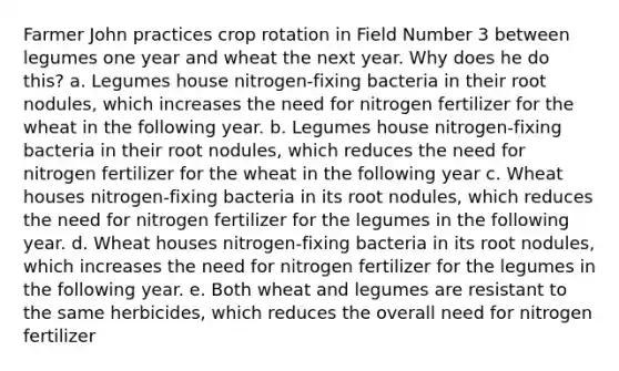 Farmer John practices crop rotation in Field Number 3 between legumes one year and wheat the next year. Why does he do this? a. Legumes house nitrogen-fixing bacteria in their root nodules, which increases the need for nitrogen fertilizer for the wheat in the following year. b. Legumes house nitrogen-fixing bacteria in their root nodules, which reduces the need for nitrogen fertilizer for the wheat in the following year c. Wheat houses nitrogen-fixing bacteria in its root nodules, which reduces the need for nitrogen fertilizer for the legumes in the following year. d. Wheat houses nitrogen-fixing bacteria in its root nodules, which increases the need for nitrogen fertilizer for the legumes in the following year. e. Both wheat and legumes are resistant to the same herbicides, which reduces the overall need for nitrogen fertilizer