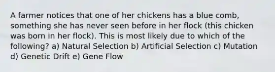 A farmer notices that one of her chickens has a blue comb, something she has never seen before in her flock (this chicken was born in her flock). This is most likely due to which of the following? a) Natural Selection b) Artificial Selection c) Mutation d) Genetic Drift e) Gene Flow