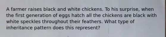 A farmer raises black and white chickens. To his surprise, when the first generation of eggs hatch all the chickens are black with white speckles throughout their feathers. What type of inheritance pattern does this represent?