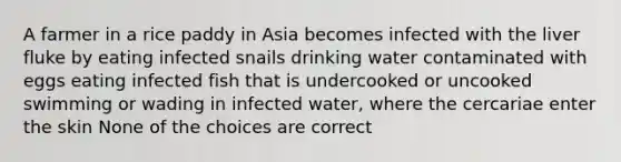 A farmer in a rice paddy in Asia becomes infected with the liver fluke by eating infected snails drinking water contaminated with eggs eating infected fish that is undercooked or uncooked swimming or wading in infected water, where the cercariae enter the skin None of the choices are correct