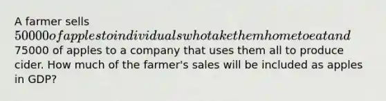 A farmer sells 50000 of apples to individuals who take them home to eat and75000 of apples to a company that uses them all to produce cider. How much of the farmer's sales will be included as apples in GDP?