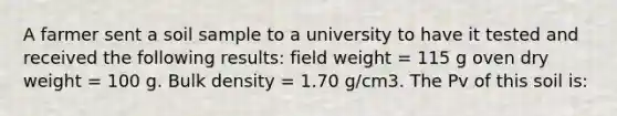 A farmer sent a soil sample to a university to have it tested and received the following results: field weight = 115 g oven dry weight = 100 g. Bulk density = 1.70 g/cm3. The Pv of this soil is: