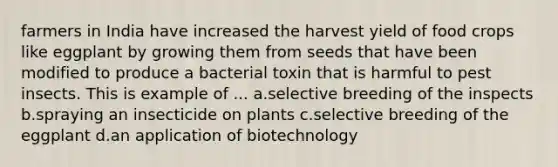 farmers in India have increased the harvest yield of food crops like eggplant by growing them from seeds that have been modified to produce a bacterial toxin that is harmful to pest insects. This is example of ... a.selective breeding of the inspects b.spraying an insecticide on plants c.selective breeding of the eggplant d.an application of biotechnology