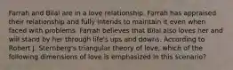 Farrah and Bilal are in a love relationship. Farrah has appraised their relationship and fully intends to maintain it even when faced with problems. Farrah believes that Bilal also loves her and will stand by her through life's ups and downs. According to Robert J. Sternberg's triangular theory of love, which of the following dimensions of love is emphasized in this scenario?