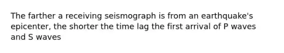 The farther a receiving seismograph is from an earthquake's epicenter, the shorter the time lag the first arrival of P waves and S waves