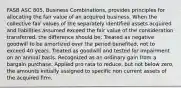 FASB ASC 805, Business Combinations, provides principles for allocating the fair value of an acquired business. When the collective fair values of the separately identified assets acquired and liabilities assumed exceed the fair value of the consideration transferred, the difference should be: Treated as negative goodwill to be amortized over the period benefited, not to exceed 40 years. Treated as goodwill and tested for impairment on an annual basis. Recognized as an ordinary gain from a bargain purchase. Applied pro rata to reduce, but not below zero, the amounts initially assigned to specific non current assets of the acquired firm.