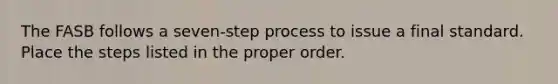 The FASB follows a seven-step process to issue a final standard. Place the steps listed in the proper order.