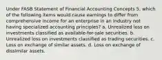 Under FASB Statement of Financial Accounting Concepts 5, which of the following items would cause earnings to differ from comprehensive income for an enterprise in an industry not having specialized accounting principles? a. Unrealized loss on investments classified as available-for-sale securities. b. Unrealized loss on investments classified as trading securities. c. Loss on exchange of similar assets. d. Loss on exchange of dissimilar assets.