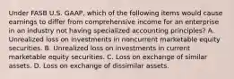 Under FASB U.S. GAAP, which of the following items would cause earnings to differ from comprehensive income for an enterprise in an industry not having specialized accounting principles? A. Unrealized loss on investments in noncurrent marketable equity securities. B. Unrealized loss on investments in current marketable equity securities. C. Loss on exchange of similar assets. D. Loss on exchange of dissimilar assets.