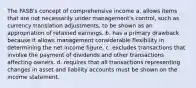 The FASB's concept of comprehensive income a. allows items that are not necessarily under management's control, such as currency translation adjustments, to be shown as an appropriation of retained earnings. b. has a primary drawback because it allows management considerable flexibility in determining the net income figure. c. excludes transactions that involve the payment of dividends and other transactions affecting owners. d. requires that all transactions representing changes in asset and liability accounts must be shown on the income statement.