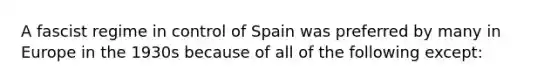 A fascist regime in control of Spain was preferred by many in Europe in the 1930s because of all of the following except: