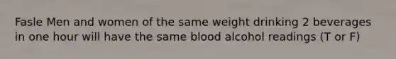 Fasle Men and women of the same weight drinking 2 beverages in one hour will have the same blood alcohol readings (T or F)