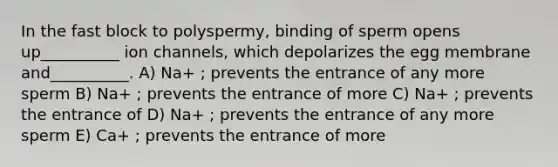 In the fast block to polyspermy, binding of sperm opens up__________ ion channels, which depolarizes the egg membrane and__________. A) Na+ ; prevents the entrance of any more sperm B) Na+ ; prevents the entrance of more C) Na+ ; prevents the entrance of D) Na+ ; prevents the entrance of any more sperm E) Ca+ ; prevents the entrance of more