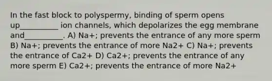 In the fast block to polyspermy, binding of sperm opens up__________ ion channels, which depolarizes the egg membrane and__________. A) Na+; prevents the entrance of any more sperm B) Na+; prevents the entrance of more Na2+ C) Na+; prevents the entrance of Ca2+ D) Ca2+; prevents the entrance of any more sperm E) Ca2+; prevents the entrance of more Na2+