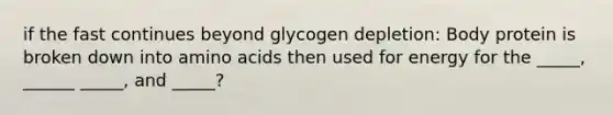 if the fast continues beyond glycogen depletion: Body protein is broken down into amino acids then used for energy for the _____, ______ _____, and _____?