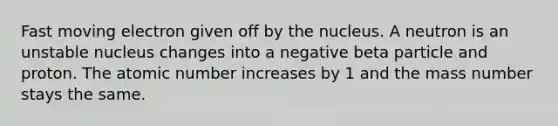 Fast moving electron given off by the nucleus. A neutron is an unstable nucleus changes into a negative beta particle and proton. The atomic number increases by 1 and the mass number stays the same.