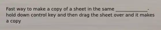 Fast way to make a copy of a sheet in the same ______________-hold down control key and then drag the sheet over and it makes a copy