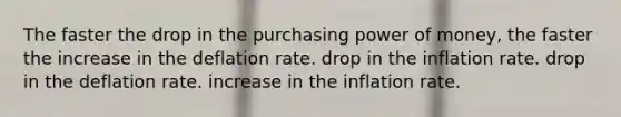 The faster the drop in the purchasing power of money, the faster the increase in the deflation rate. drop in the inflation rate. drop in the deflation rate. increase in the inflation rate.