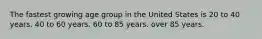 The fastest growing age group in the United States is 20 to 40 years. 40 to 60 years. 60 to 85 years. over 85 years.