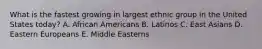 What is the fastest growing in largest ethnic group in the United States today? A. African Americans B. Latinos C. East Asians D. Eastern Europeans E. Middle Easterns