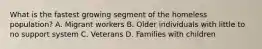 What is the fastest growing segment of the homeless population? A. Migrant workers B. Older individuals with little to no support system C. Veterans D. Families with children